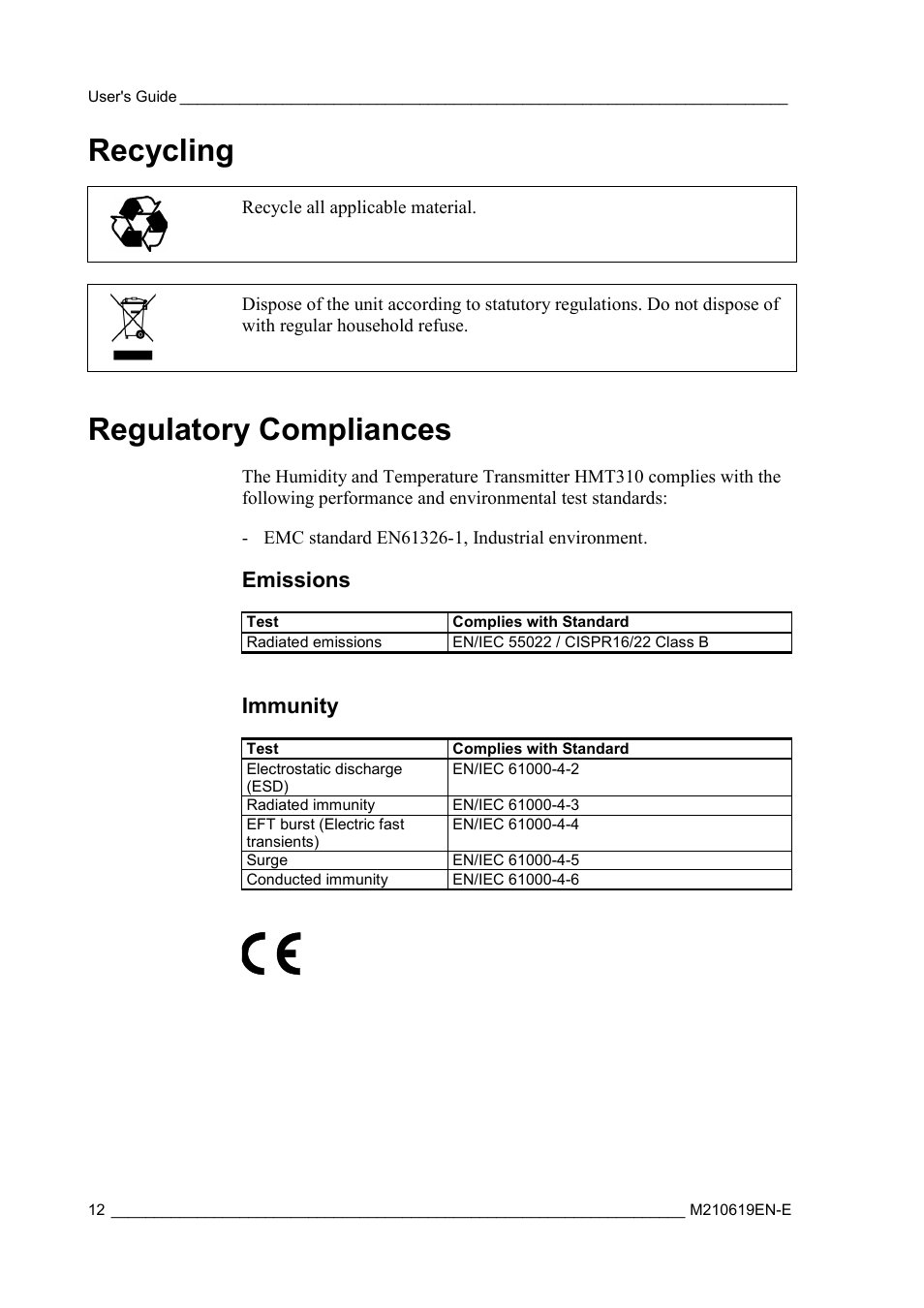 Recycling, Regulatory compliances, Emissions | Immunity | Vaisala HMT310 User Manual | Page 12 / 105