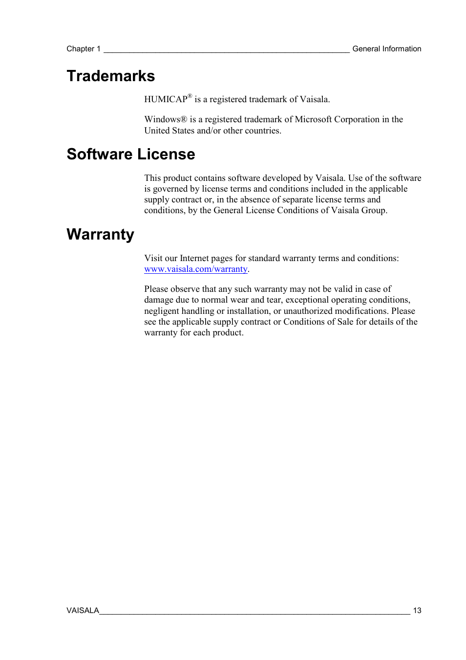 Trademarks, Software license, Warranty | Vaisala HMT310 User Manual | Page 13 / 105