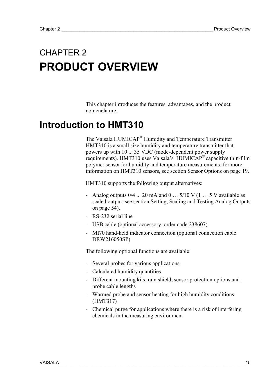 Product overview, Introduction to hmt310, Chapter 2 | Chapter 2, product overview | Vaisala HMT310 User Manual | Page 15 / 105