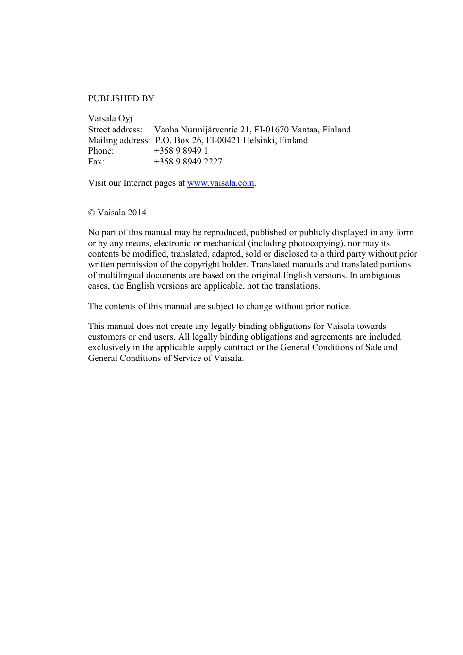 Vaisala HMT310 User Manual | Page 2 / 105