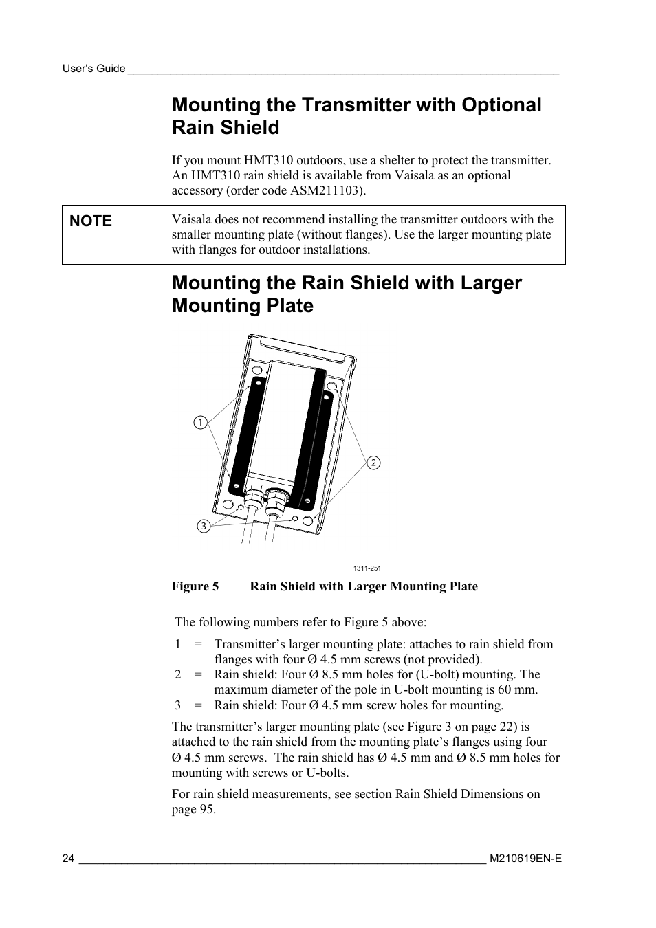 Mounting the transmitter with optional rain shield, Figure 5, Rain shield with larger mounting plate | Vaisala HMT310 User Manual | Page 24 / 105