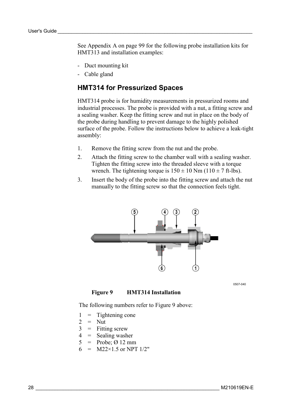 Hmt314 for pressurized spaces, Figure 9, Hmt314 installation | Vaisala HMT310 User Manual | Page 28 / 105