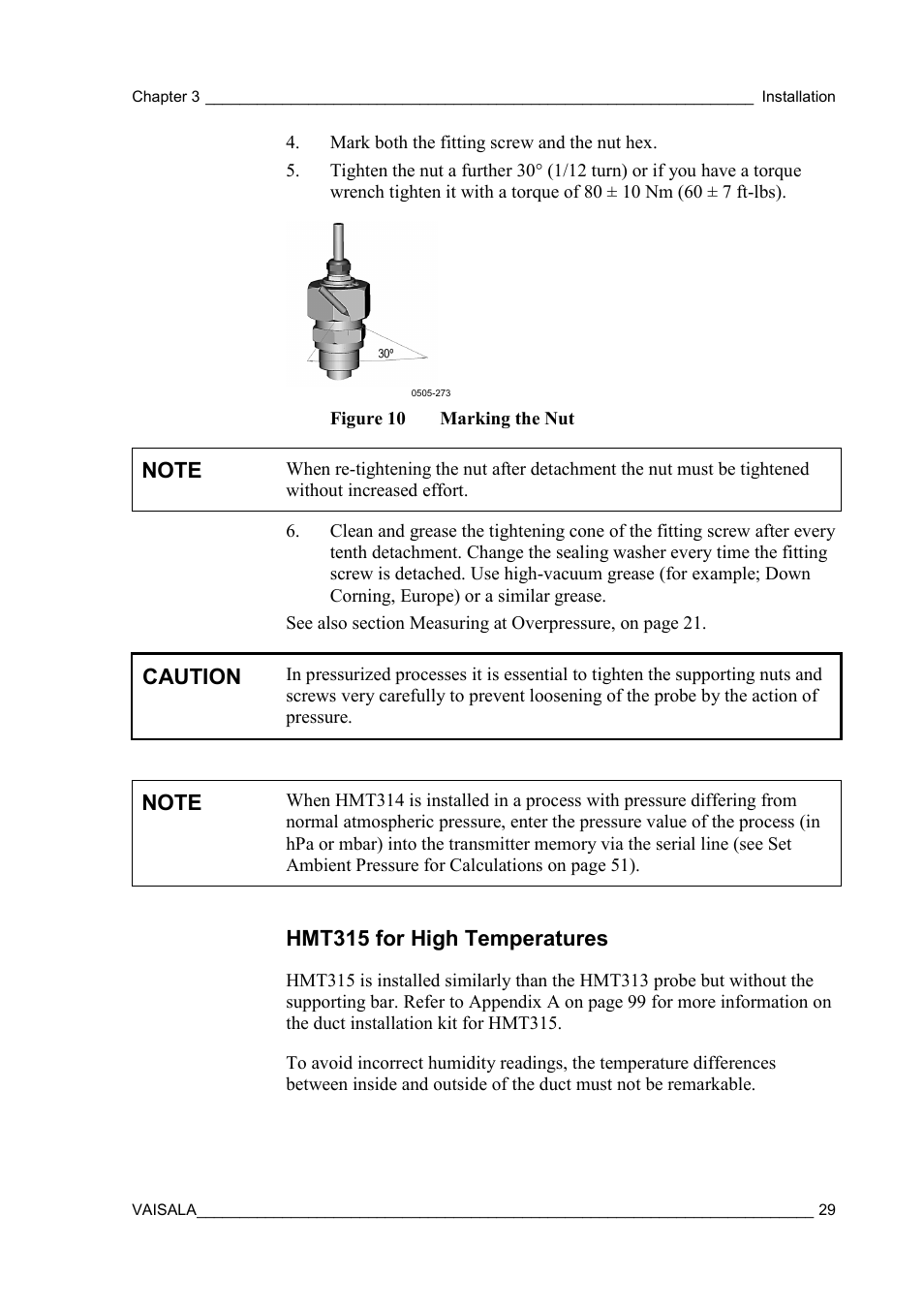 Hmt315 for high temperatures, Figure 10, Marking the nut | Vaisala HMT310 User Manual | Page 29 / 105