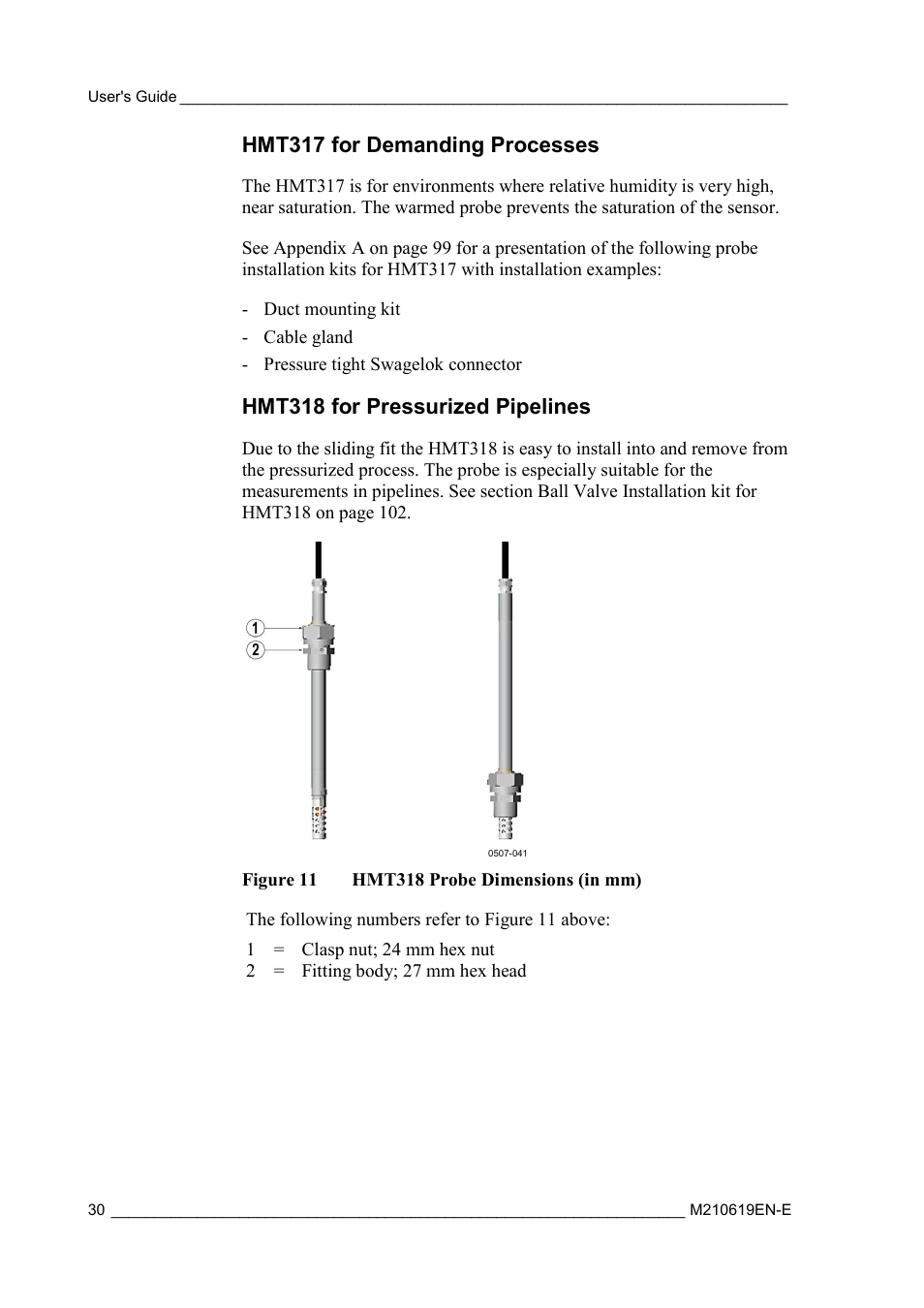 Hmt317 for demanding processes, Hmt318 for pressurized pipelines, Figure 11 | Hmt318 probe dimensions (in mm) | Vaisala HMT310 User Manual | Page 30 / 105