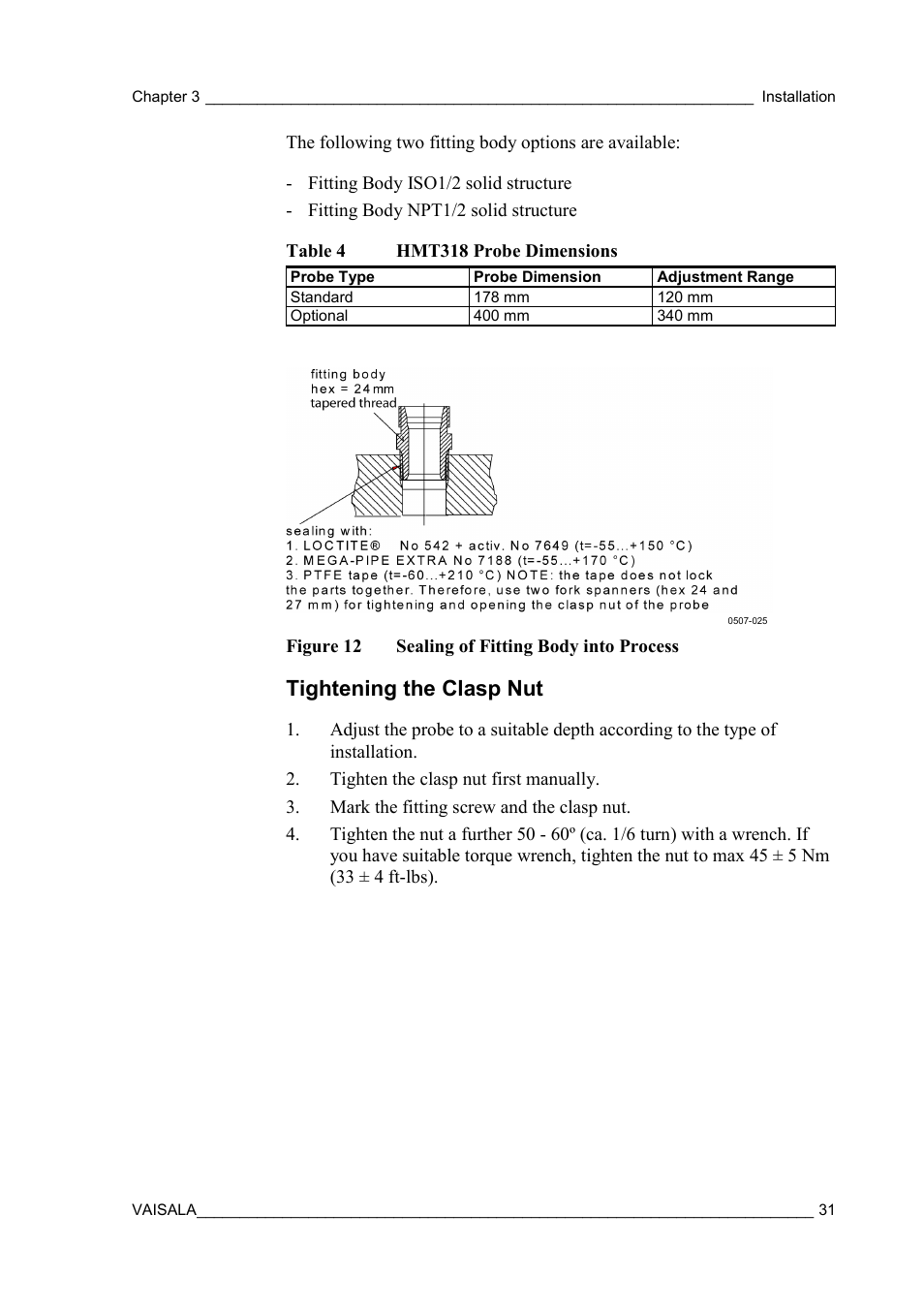 Tightening the clasp nut, Figure 12, Sealing of fitting body into process | Table 4, Hmt318 probe dimensions | Vaisala HMT310 User Manual | Page 31 / 105