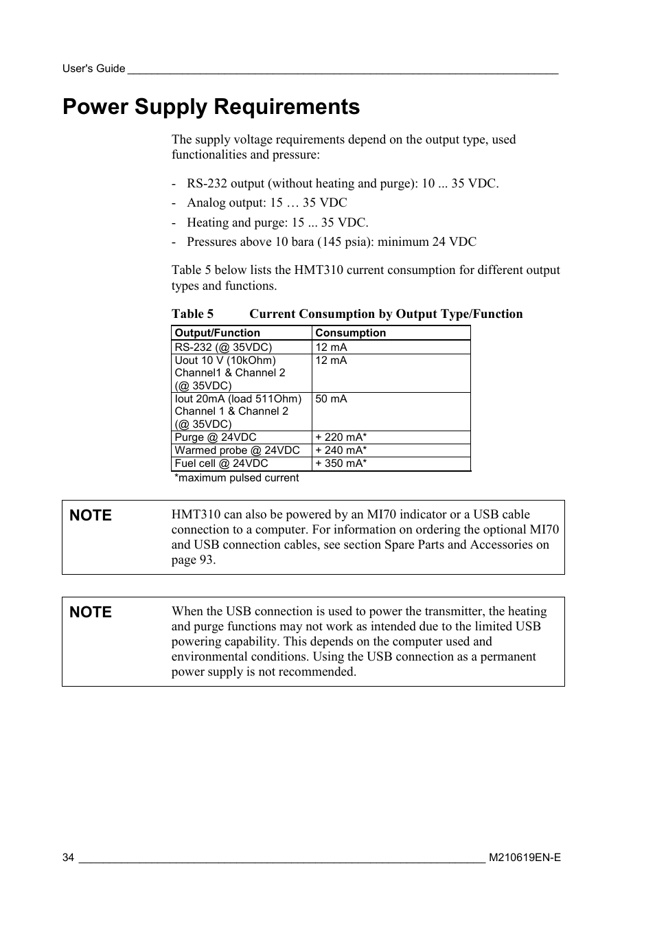 Power supply requirements, Table 5, Current consumption by output type/function | Vaisala HMT310 User Manual | Page 34 / 105