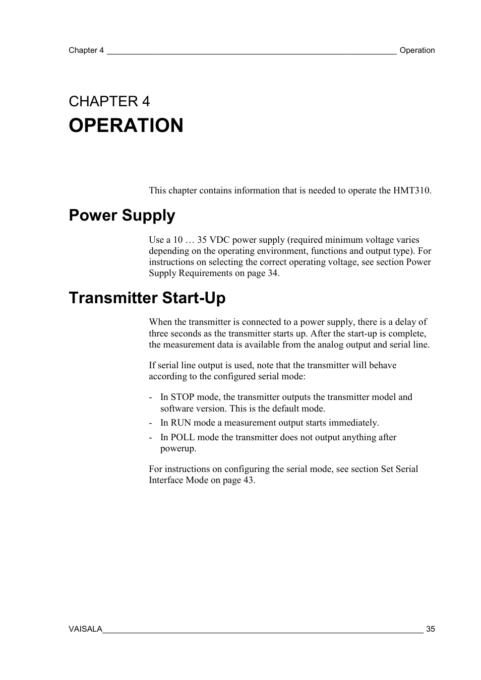 Operation, Power supply, Transmitter start-up | Chapter 4, Chapter 4, operation | Vaisala HMT310 User Manual | Page 35 / 105