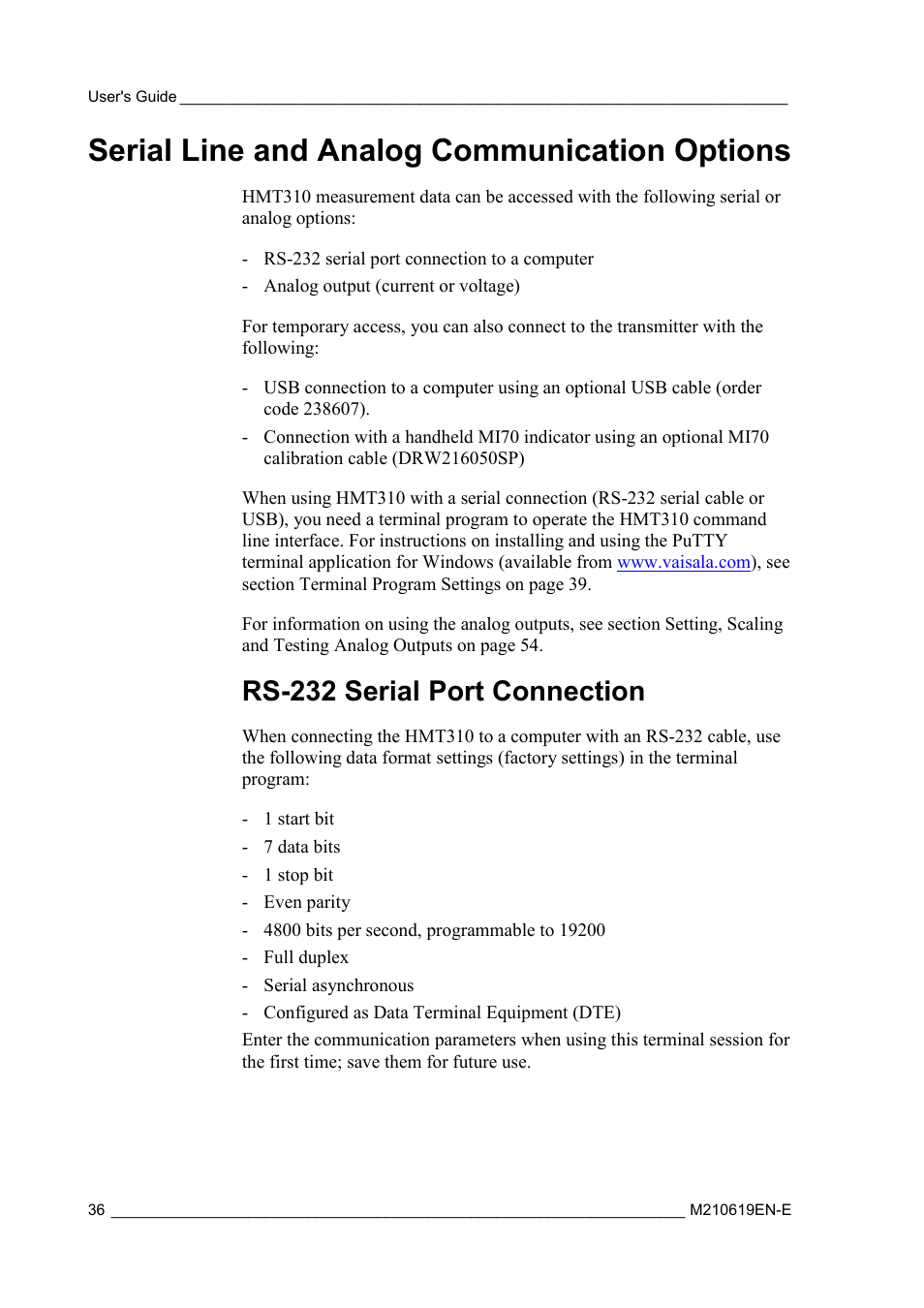 Serial line and analog communication options, Rs-232 serial port connection | Vaisala HMT310 User Manual | Page 36 / 105