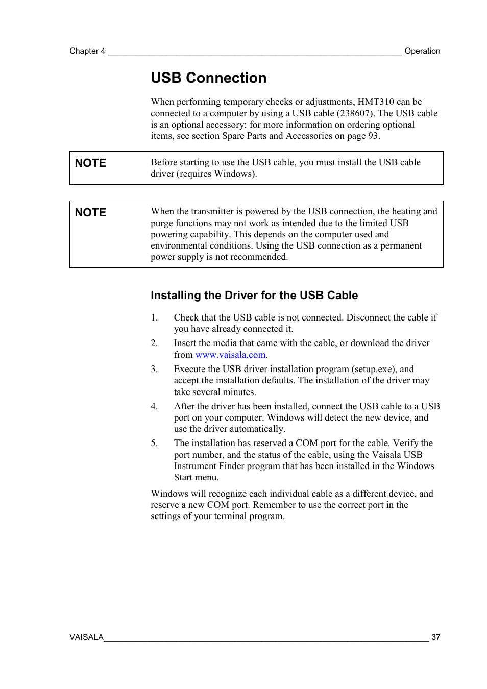 Usb connection, Installing the driver for the usb cable | Vaisala HMT310 User Manual | Page 37 / 105