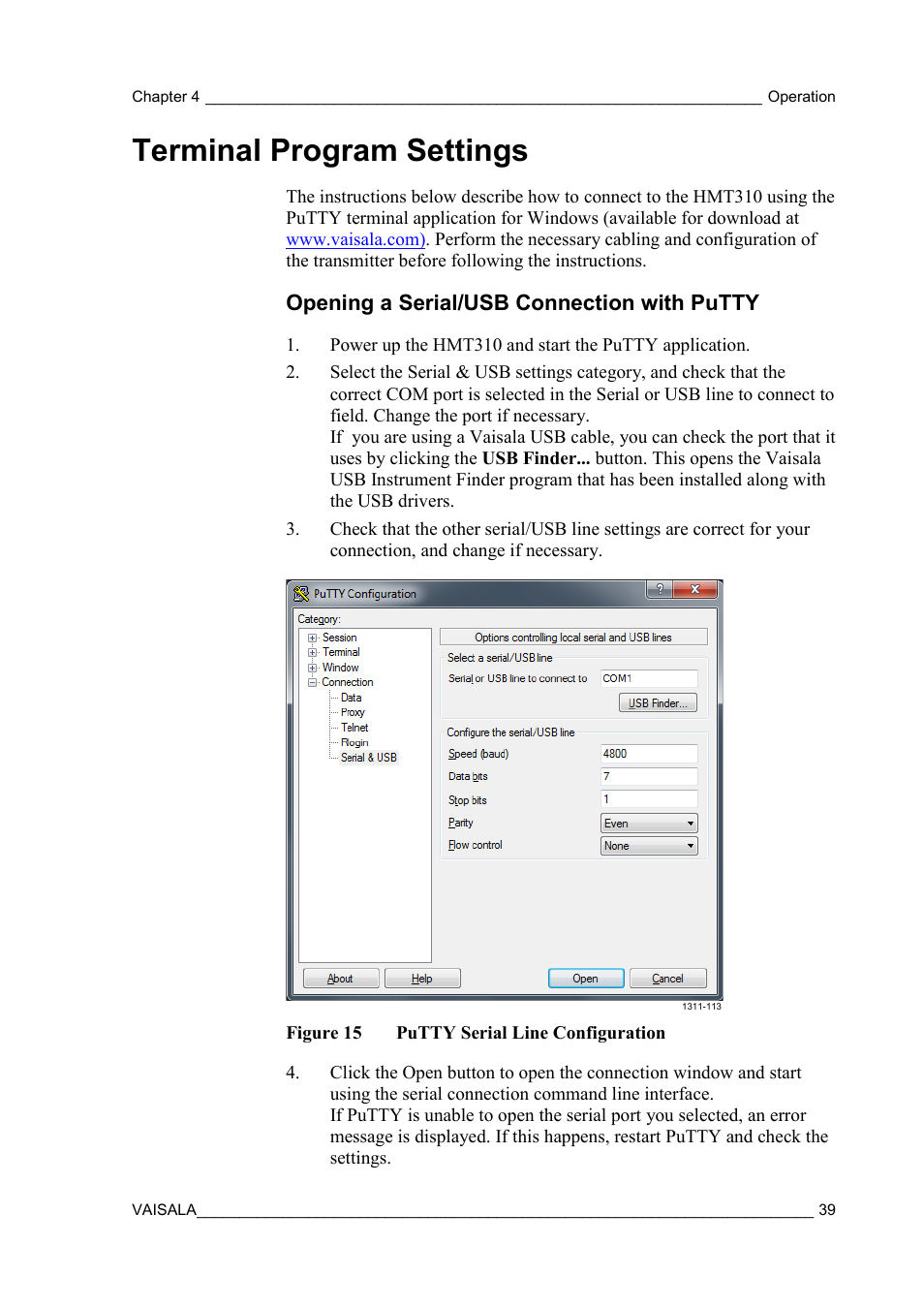 Terminal program settings, Opening a serial/usb connection with putty, Figure 15 | Putty serial line configuration | Vaisala HMT310 User Manual | Page 39 / 105