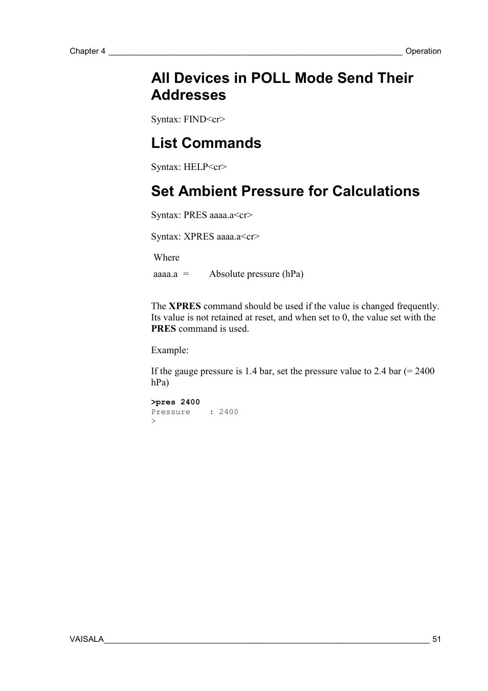All devices in poll mode send their addresses, List commands, Set ambient pressure for calculations | Vaisala HMT310 User Manual | Page 51 / 105