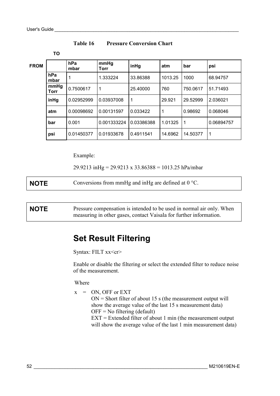Set result filtering, Table 16, Pressure conversion chart | Vaisala HMT310 User Manual | Page 52 / 105