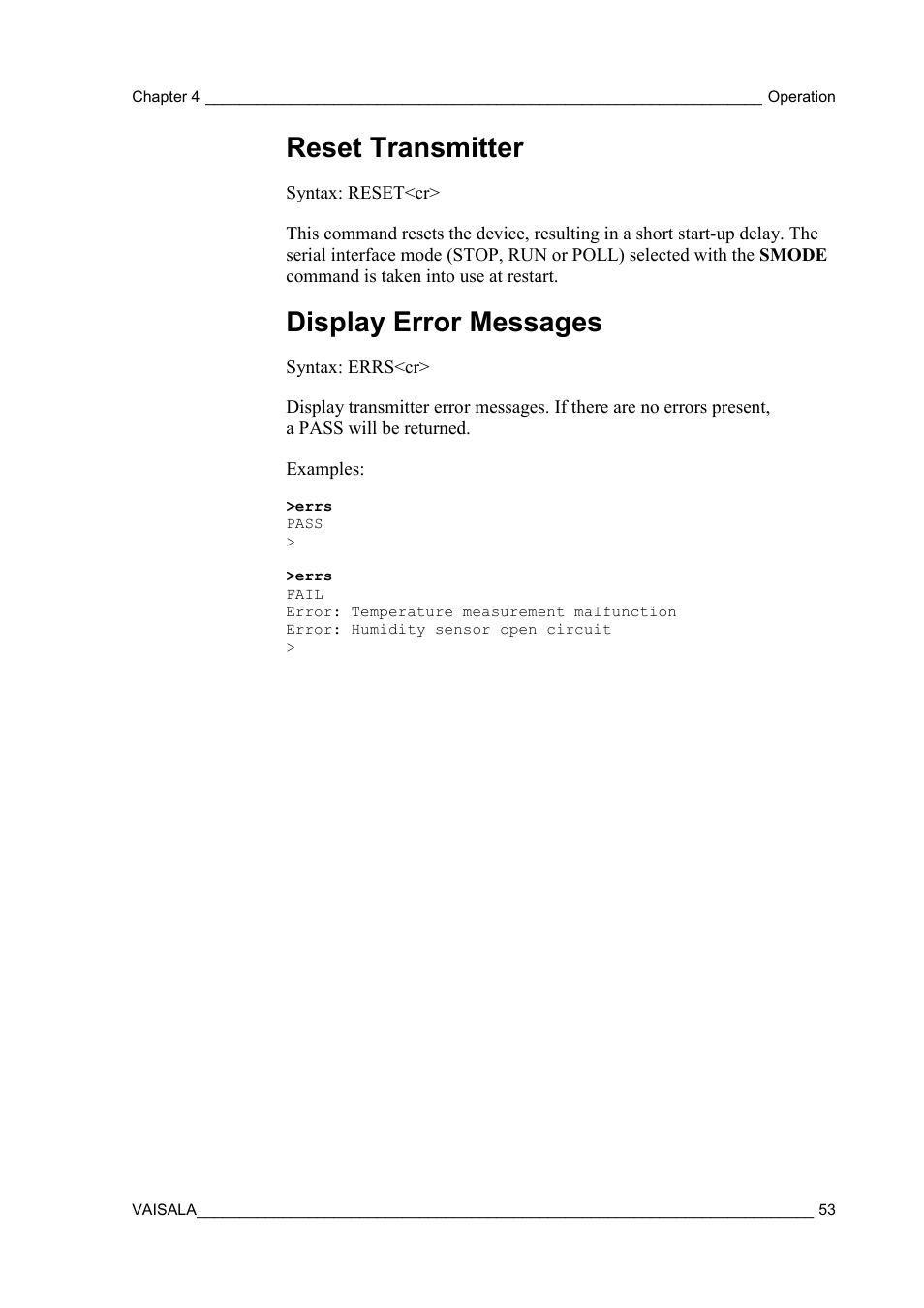 Reset transmitter, Display error messages | Vaisala HMT310 User Manual | Page 53 / 105