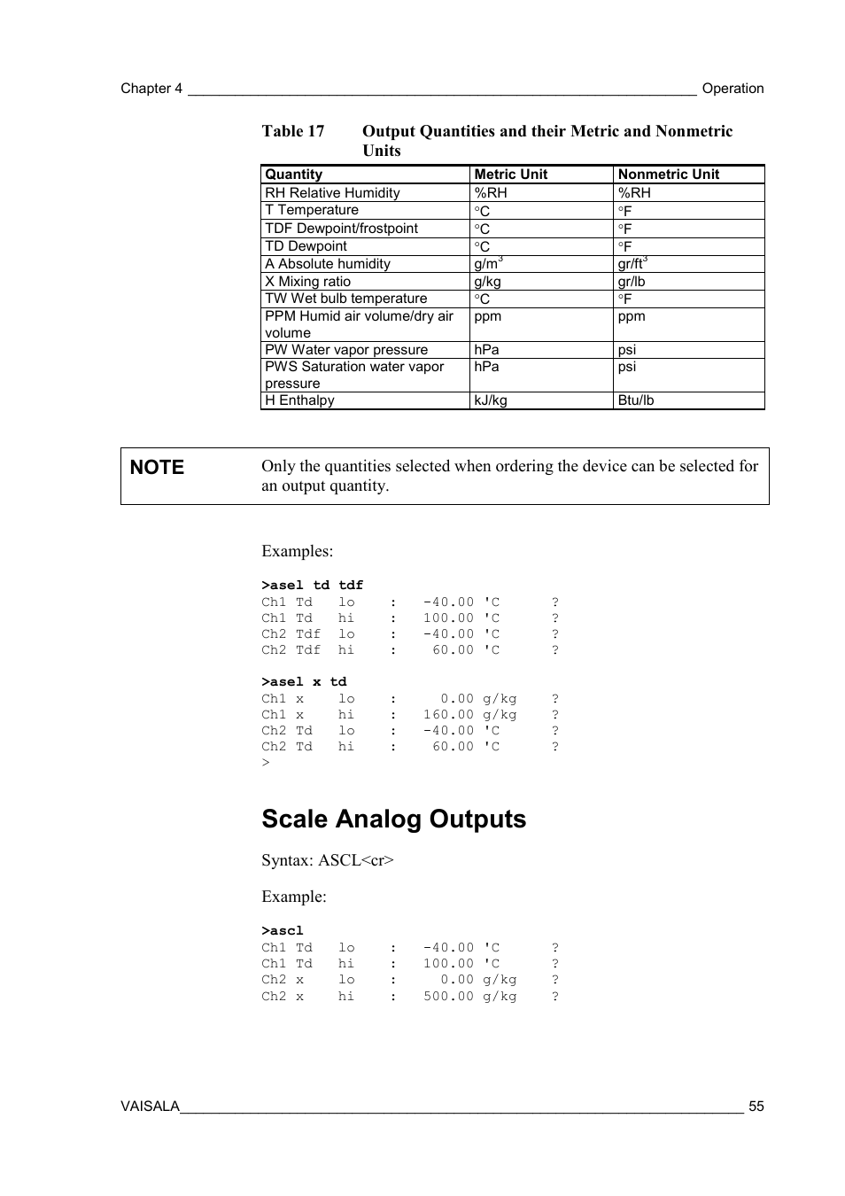 Scale analog outputs, Table 17 | Vaisala HMT310 User Manual | Page 55 / 105