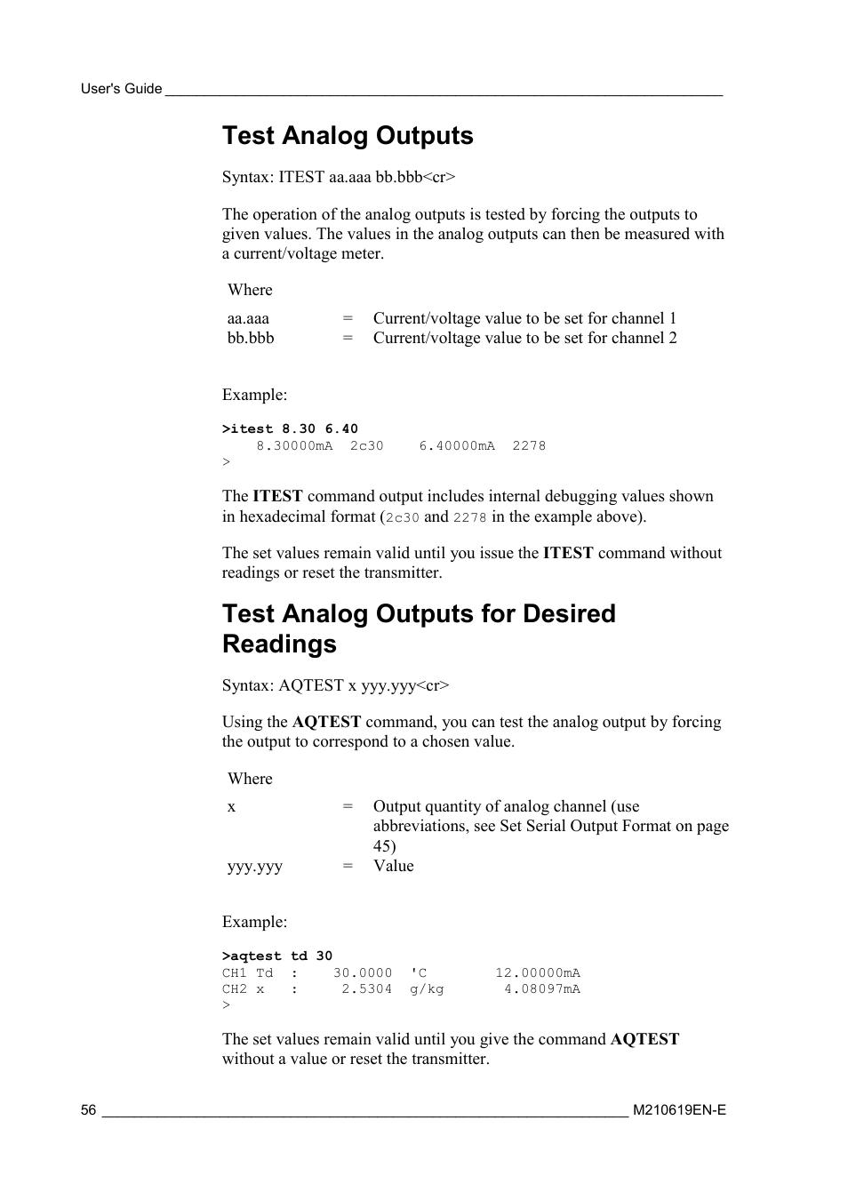 Test analog outputs, Test analog outputs for desired readings | Vaisala HMT310 User Manual | Page 56 / 105