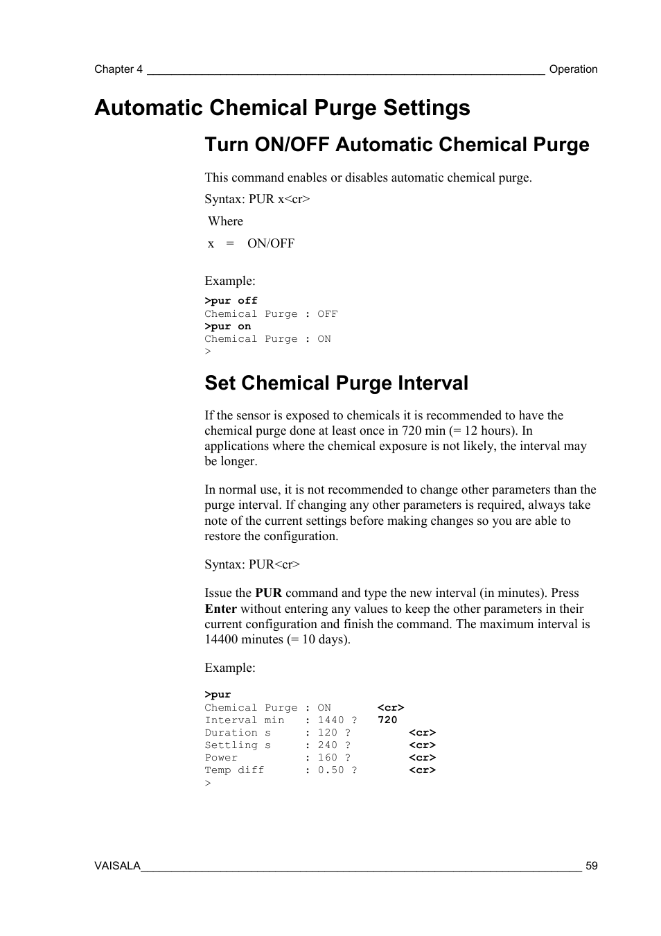 Automatic chemical purge settings, Turn on/off automatic chemical purge, Set chemical purge interval | Vaisala HMT310 User Manual | Page 59 / 105