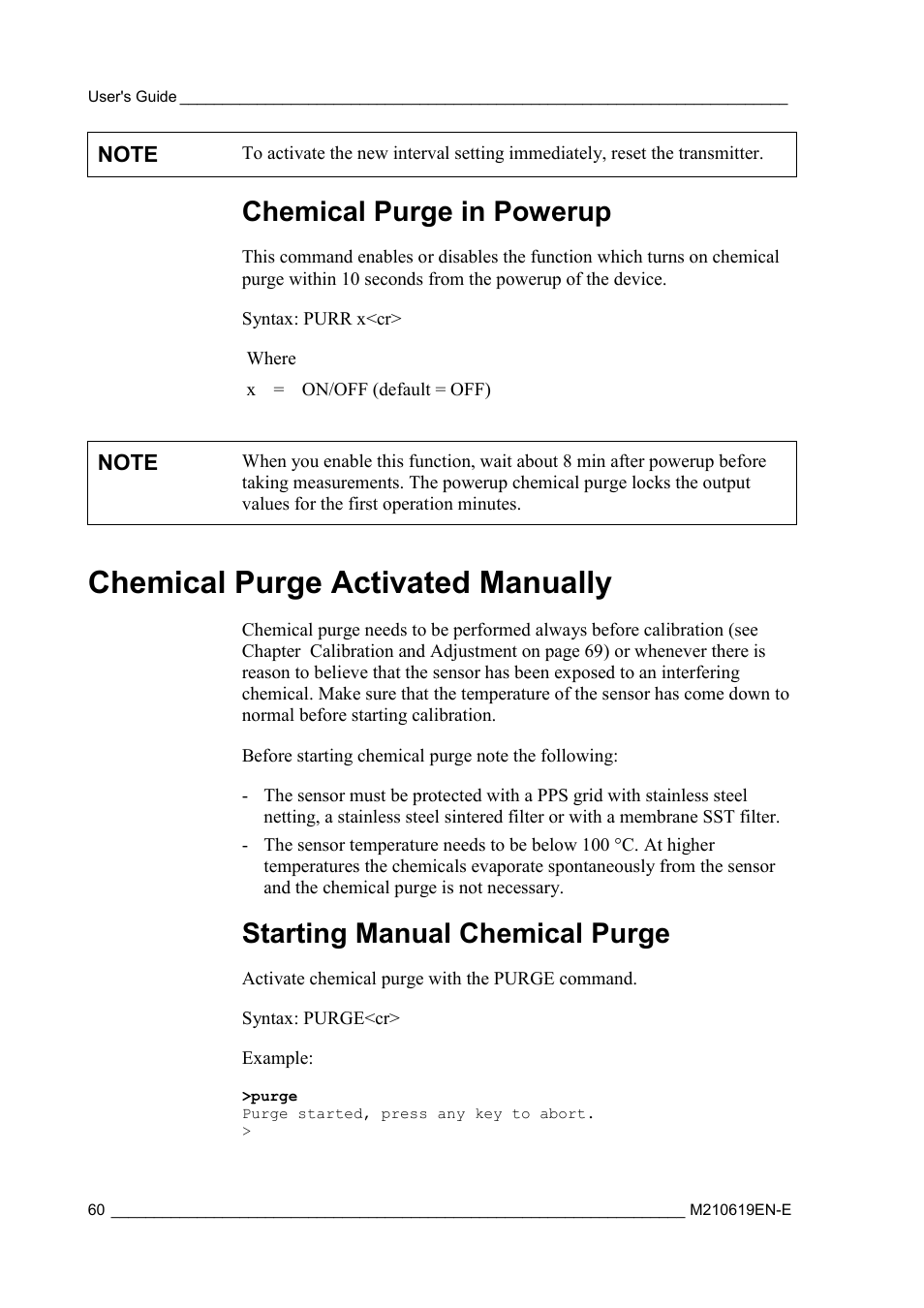 Chemical purge in powerup, Chemical purge activated manually, Starting manual chemical purge | H 60 | Vaisala HMT310 User Manual | Page 60 / 105
