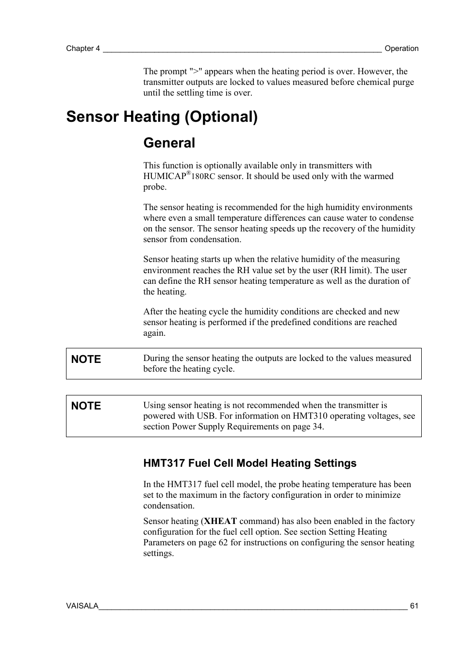 Sensor heating (optional), General, Hmt317 fuel cell model heating settings | Vaisala HMT310 User Manual | Page 61 / 105