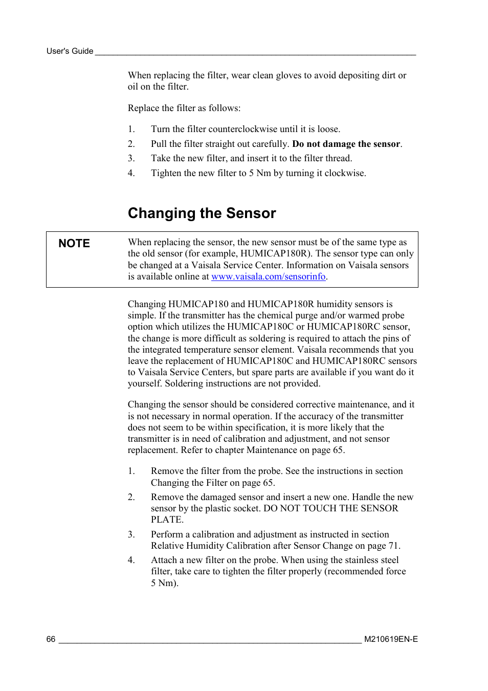 Changing the sensor | Vaisala HMT310 User Manual | Page 66 / 105