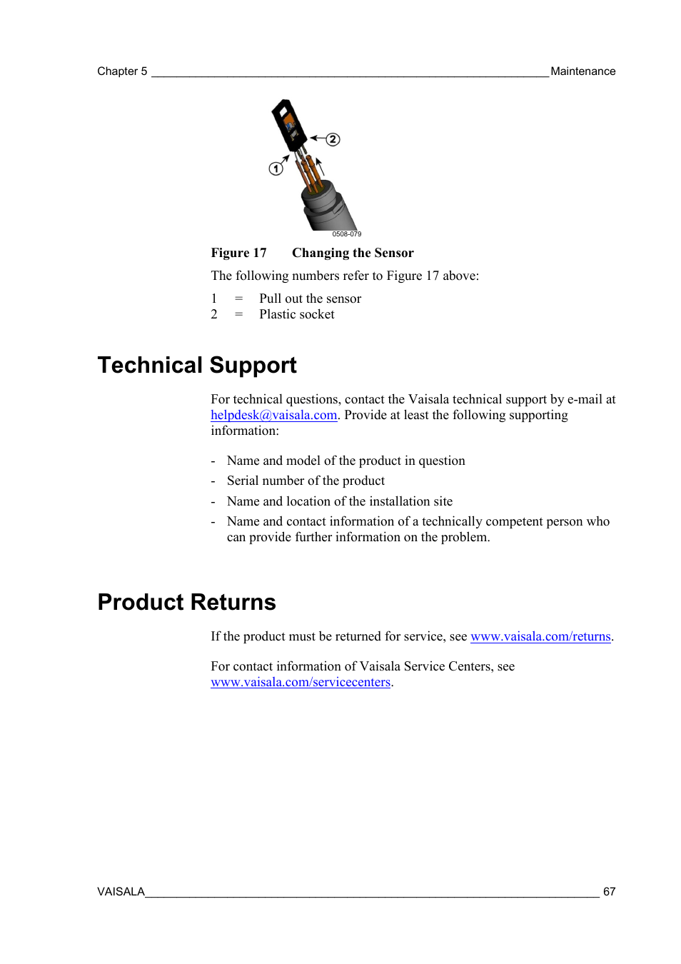Technical support, Product returns, Figure 17 | Changing the sensor | Vaisala HMT310 User Manual | Page 67 / 105