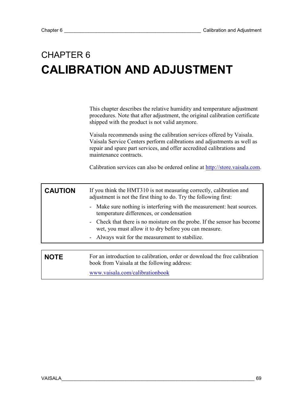 Calibration and adjustment, Chapter 6, And temperature adjustment procedures | On calibration and adjustment | Vaisala HMT310 User Manual | Page 69 / 105