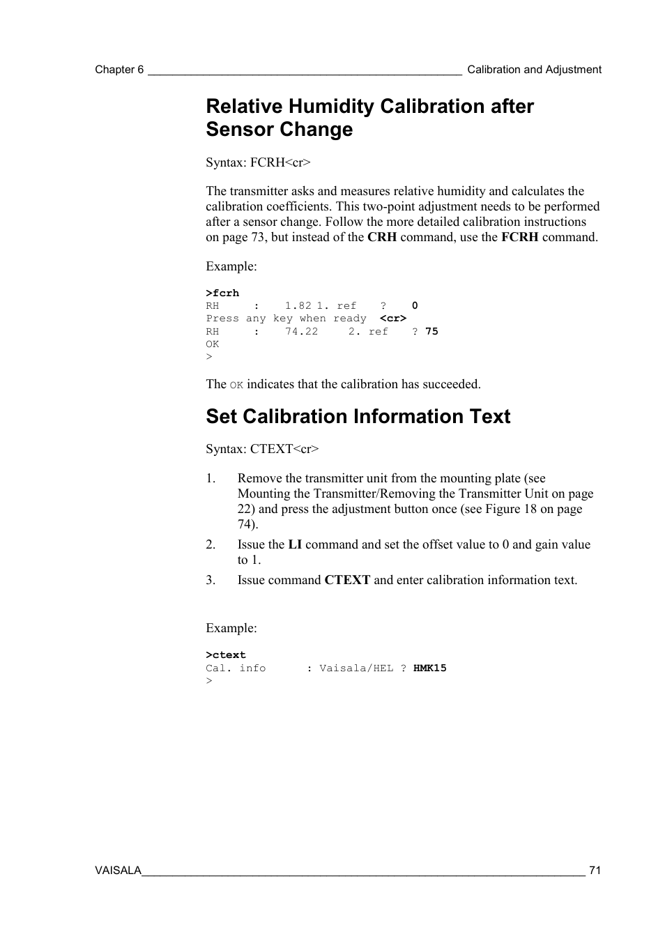 Relative humidity calibration after sensor change, Set calibration information text | Vaisala HMT310 User Manual | Page 71 / 105