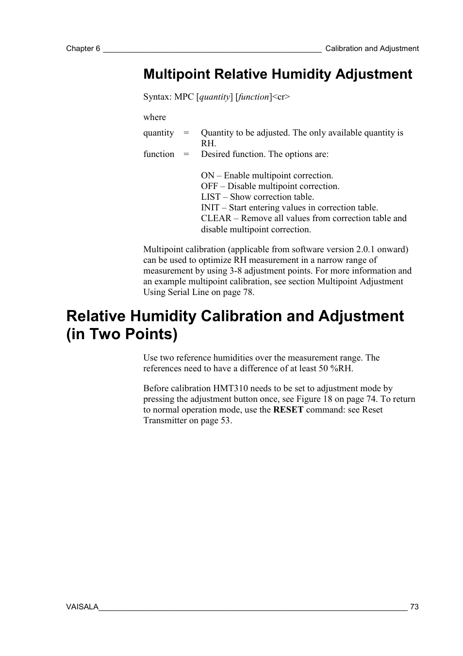 Multipoint relative humidity adjustment, Relative humidity calibration and adjustment, In two points) | Vaisala HMT310 User Manual | Page 73 / 105