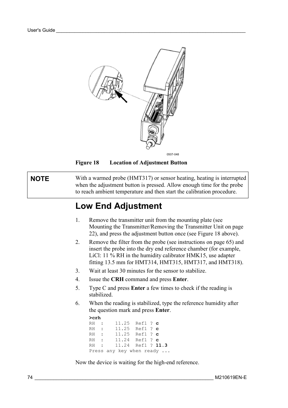 Low end adjustment, Figure 18, Location of adjustment button | Vaisala HMT310 User Manual | Page 74 / 105