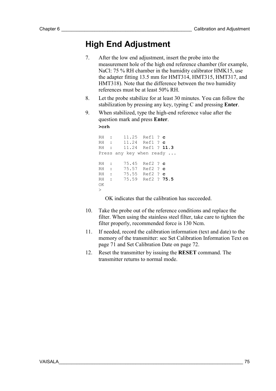 High end adjustment | Vaisala HMT310 User Manual | Page 75 / 105