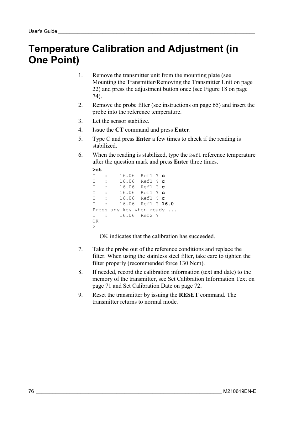 Temperature calibration and adjustment, In one point) | Vaisala HMT310 User Manual | Page 76 / 105