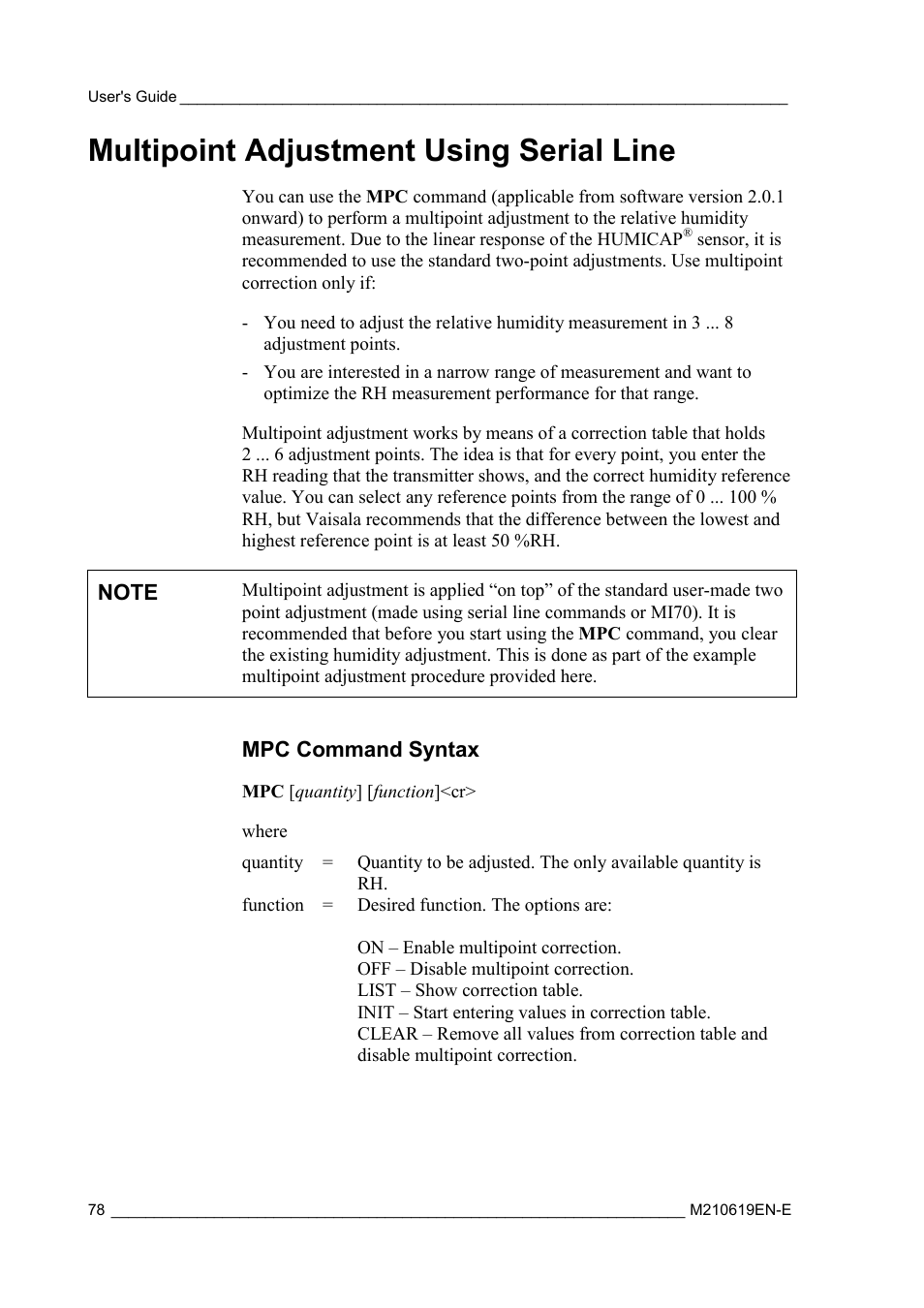 Multipoint adjustment using serial line, Mpc command syntax, Multipoint adjustment | Using serial line | Vaisala HMT310 User Manual | Page 78 / 105