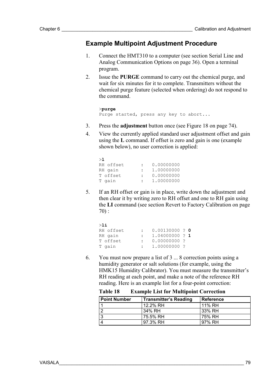 Example multipoint adjustment procedure, Table 18, Example list for multipoint correction | Vaisala HMT310 User Manual | Page 79 / 105