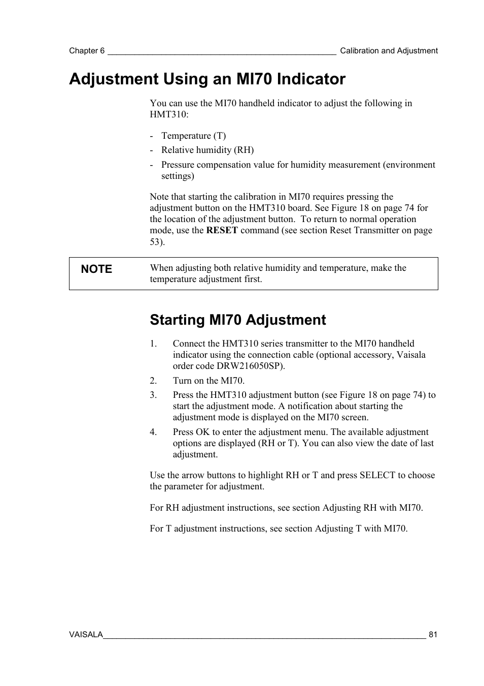 Adjustment using an mi70 indicator, Starting mi70 adjustment, E 81 | Vaisala HMT310 User Manual | Page 81 / 105