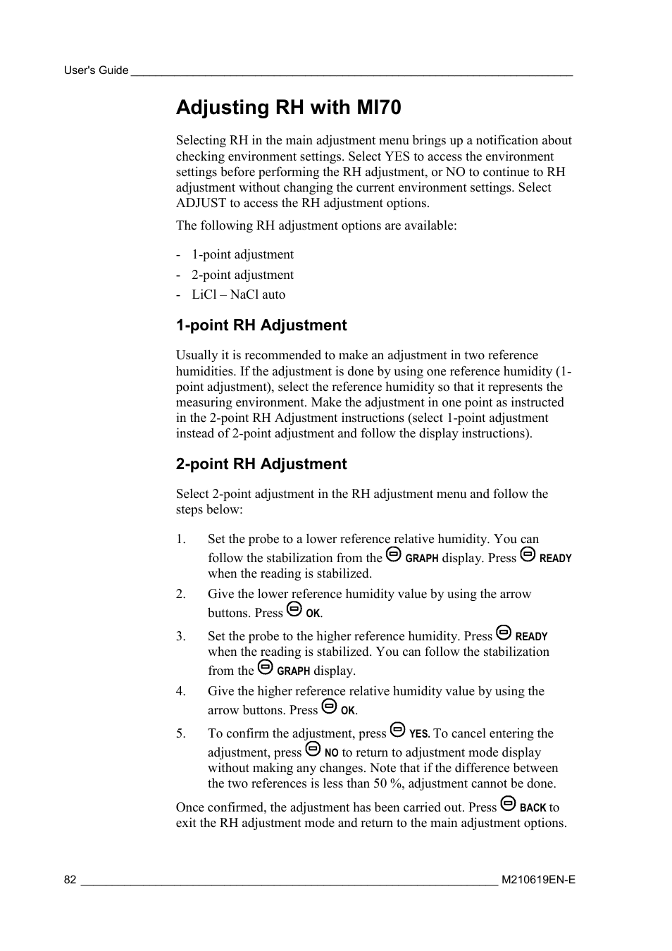 Adjusting rh with mi70, Point rh adjustment | Vaisala HMT310 User Manual | Page 82 / 105