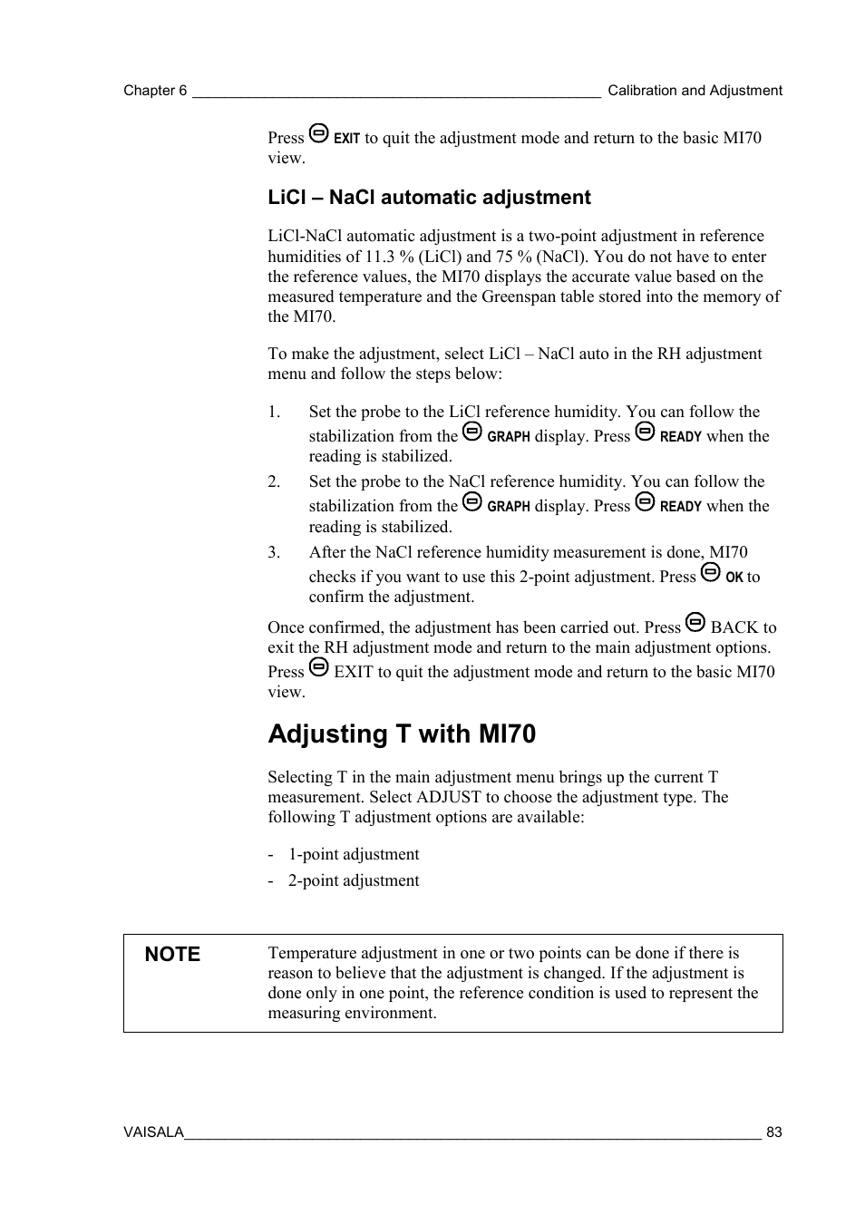 Licl – nacl automatic adjustment, Adjusting t with mi70 | Vaisala HMT310 User Manual | Page 83 / 105