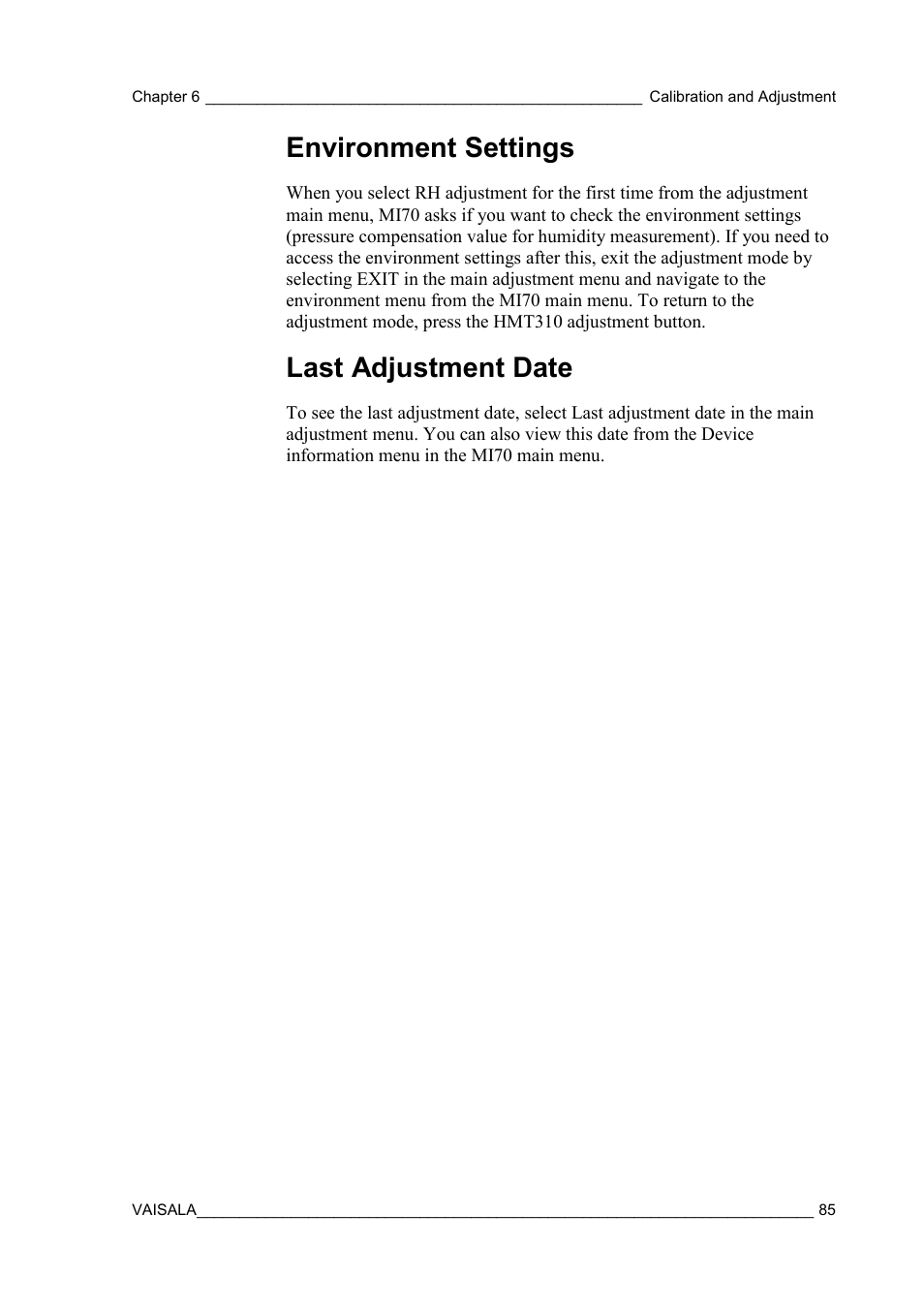 Environment settings, Last adjustment date | Vaisala HMT310 User Manual | Page 85 / 105