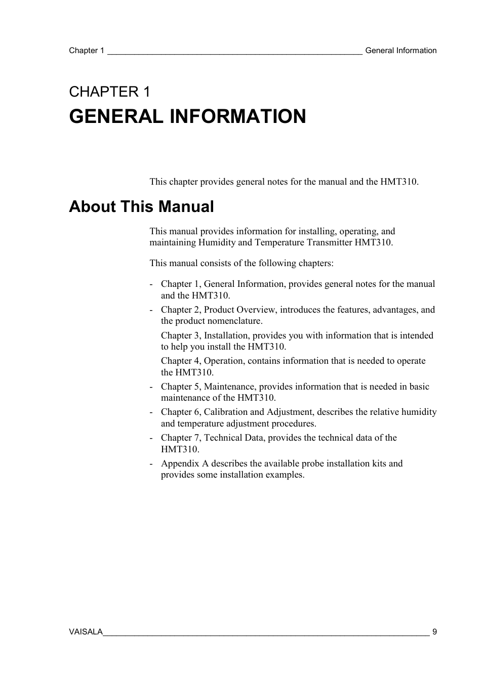 General information, About this manual, Chapter 1 | Vaisala HMT310 User Manual | Page 9 / 105
