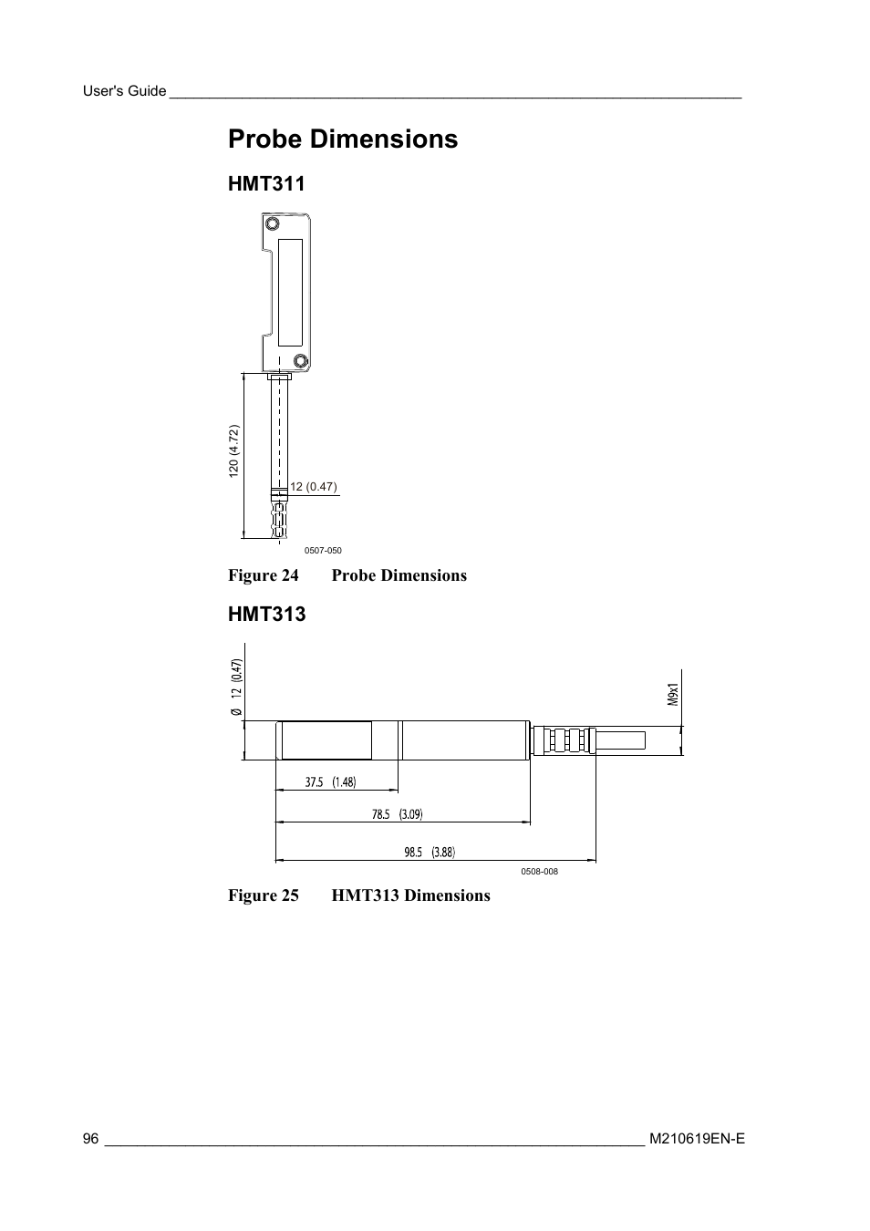 Probe dimensions, Hmt311, Hmt313 | Figure 24, Figure 25, Hmt313 dimensions | Vaisala HMT310 User Manual | Page 96 / 105