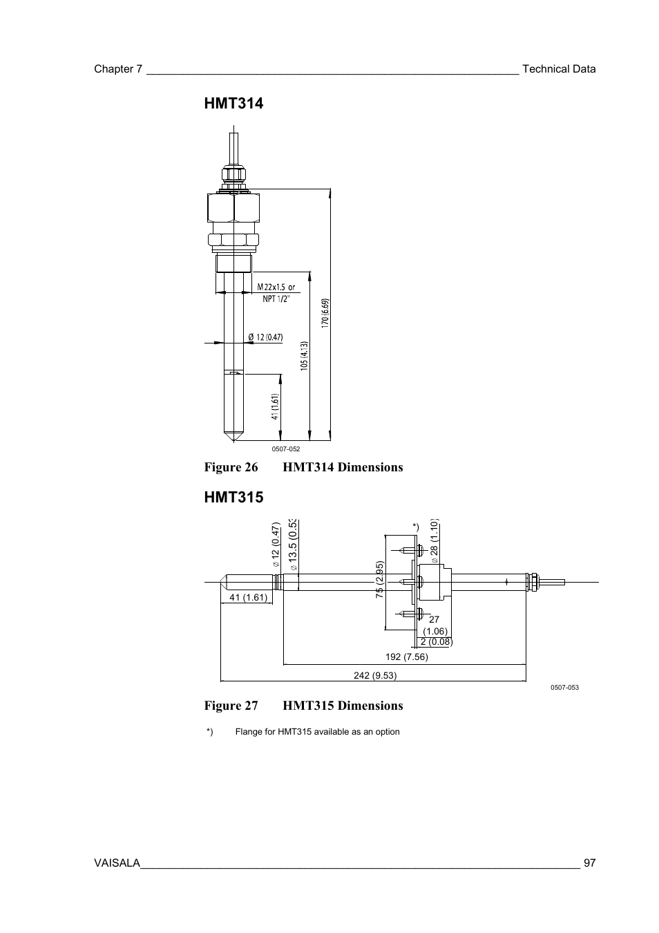 Hmt314, Hmt315, Figure 26 | Hmt314 dimensions, Figure 27, Hmt315 dimensions | Vaisala HMT310 User Manual | Page 97 / 105