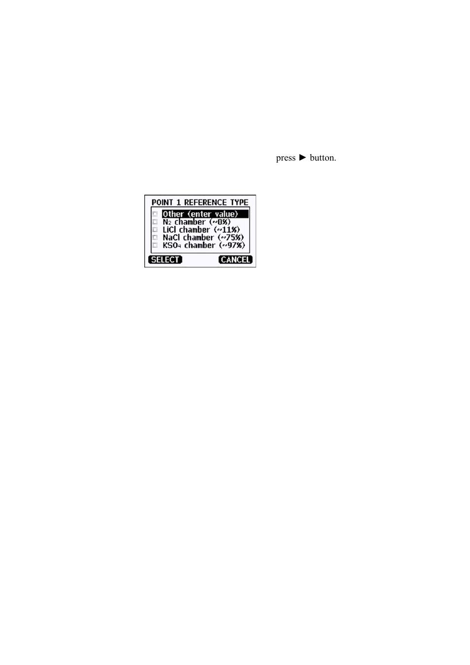Using display/keypad, Figure 79, Selecting point 1 reference type | Vaisala HMT330 User Manual | Page 160 / 209