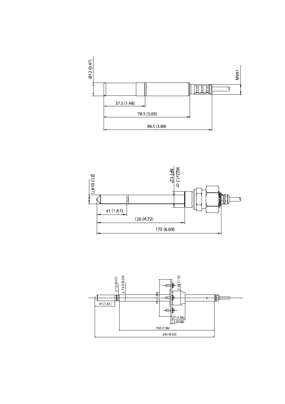 Hmt333, Hmt334, Hmt335 | Figure 86, Hmt333 probe dimensions, Figure 87, Hmt334 probe dimensions, Figure 88, Hmt335 probe dimensions | Vaisala HMT330 User Manual | Page 185 / 209