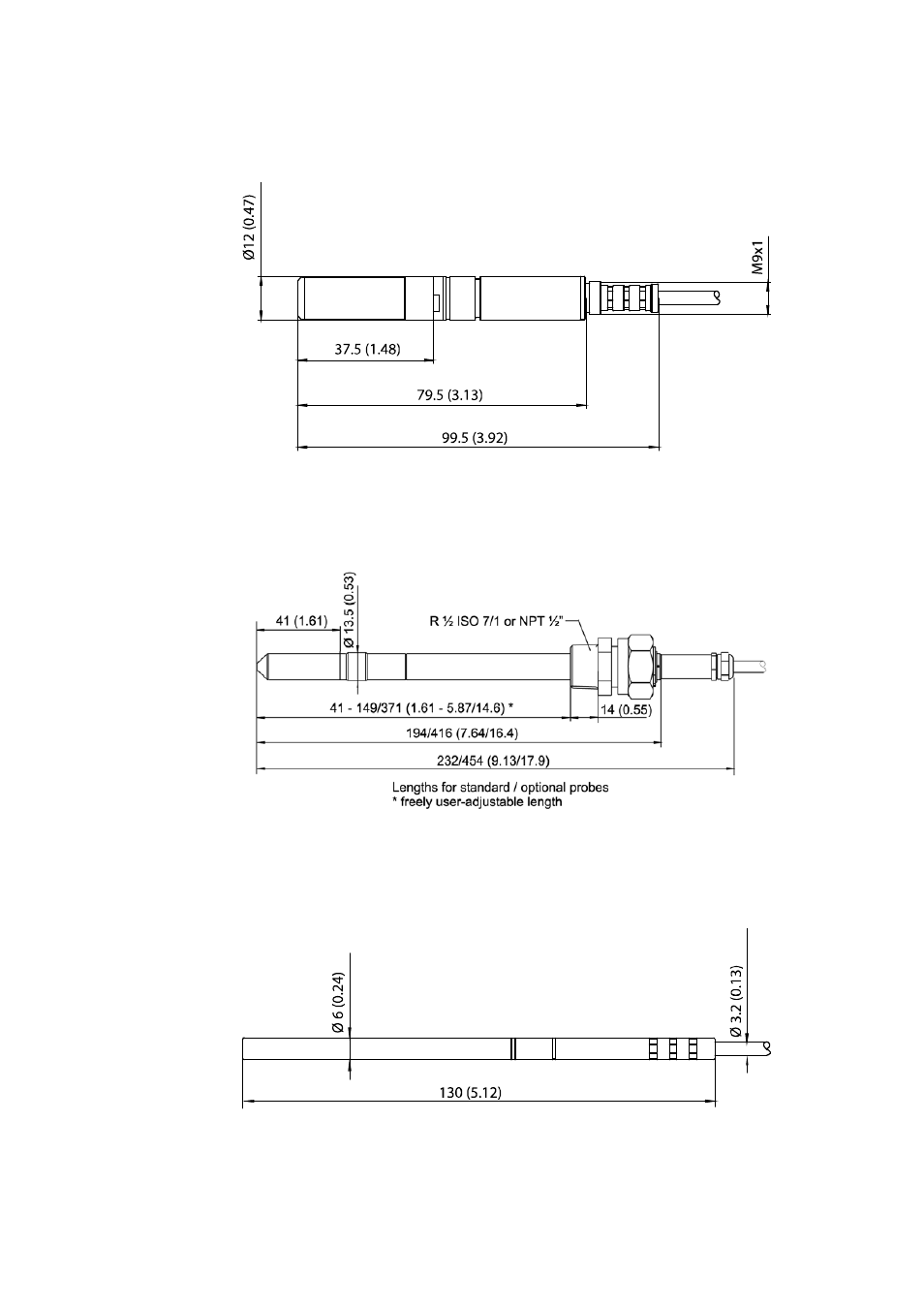 Hmt337, Hmt338, Temperature probe | Figure 89, Hmt337 probe dimensions, Figure 90, Hmt338 probe dimensions, Figure 91, Optional temperature probe dimensions | Vaisala HMT330 User Manual | Page 186 / 209