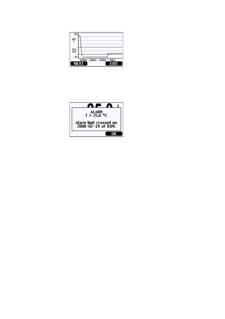 Using display/keypad, Figure 47, Alarm limits shown on graph screen | Figure 48, Display alarm active | Vaisala HMT330 User Manual | Page 77 / 209