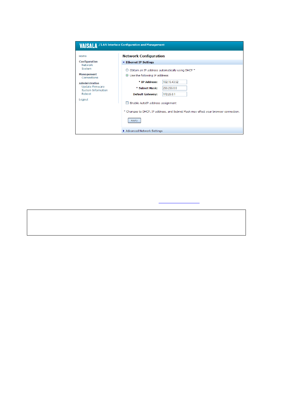 Terminal program settings, Opening a serial/usb connection, Figure 58 | Web configuration interface for lan, Terminal program settings on pa | Vaisala HMT330 User Manual | Page 92 / 209