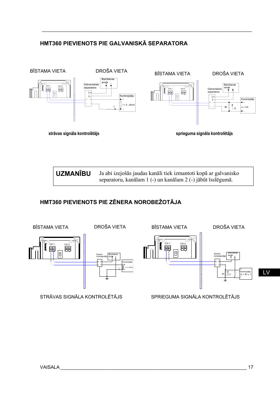 Uzmanību, Hmt360 pievienots pie galvaniskā separatora, Vaisala | Strāvas signāla kontrolētājs, Sprieguma signāla kontrolētājs | Vaisala HMT360 User Manual | Page 19 / 63