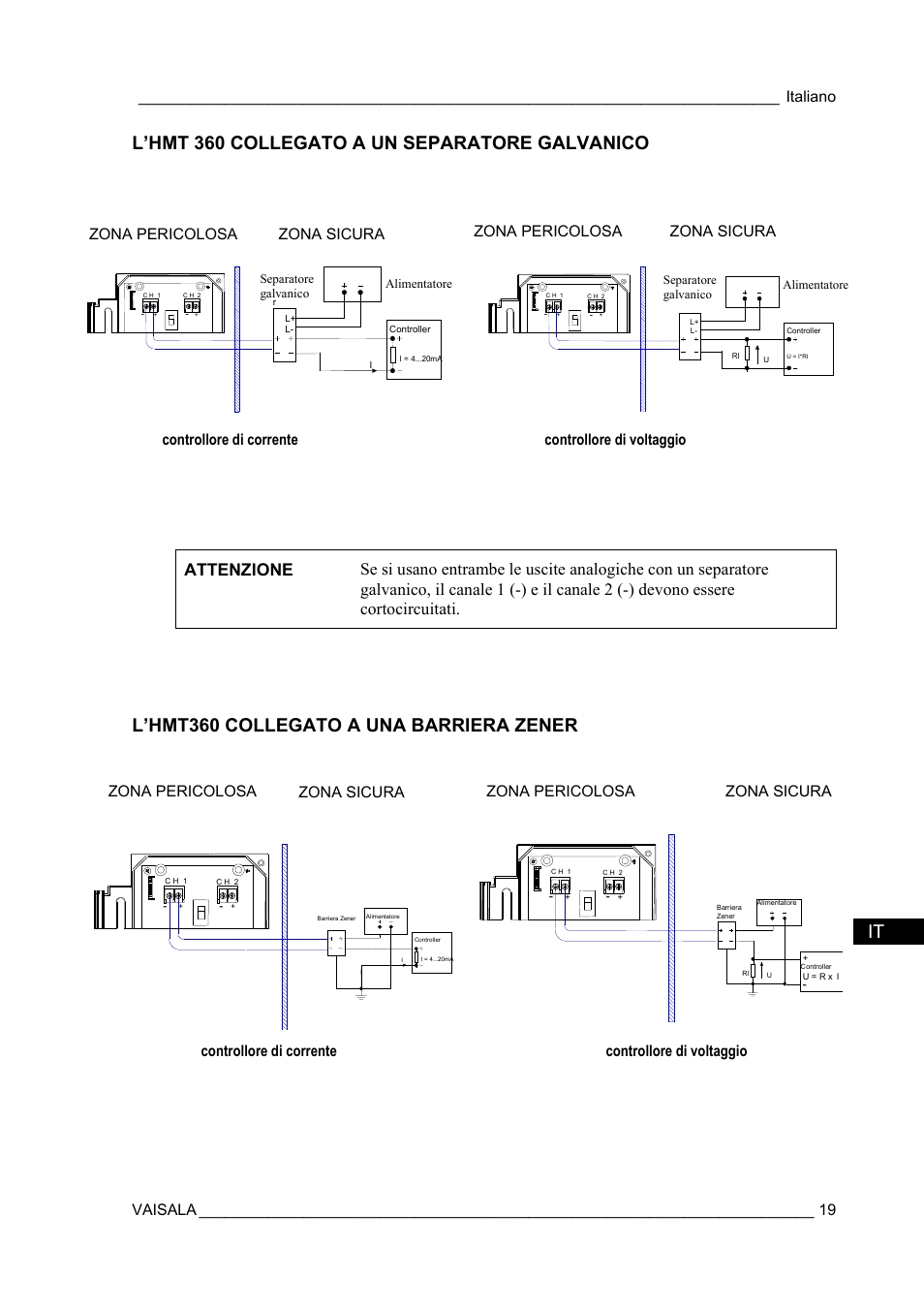 L’hmt 360 collegato a un separatore galvanico, L’hmt360 collegato a una barriera zener | Vaisala HMT360 User Manual | Page 21 / 63