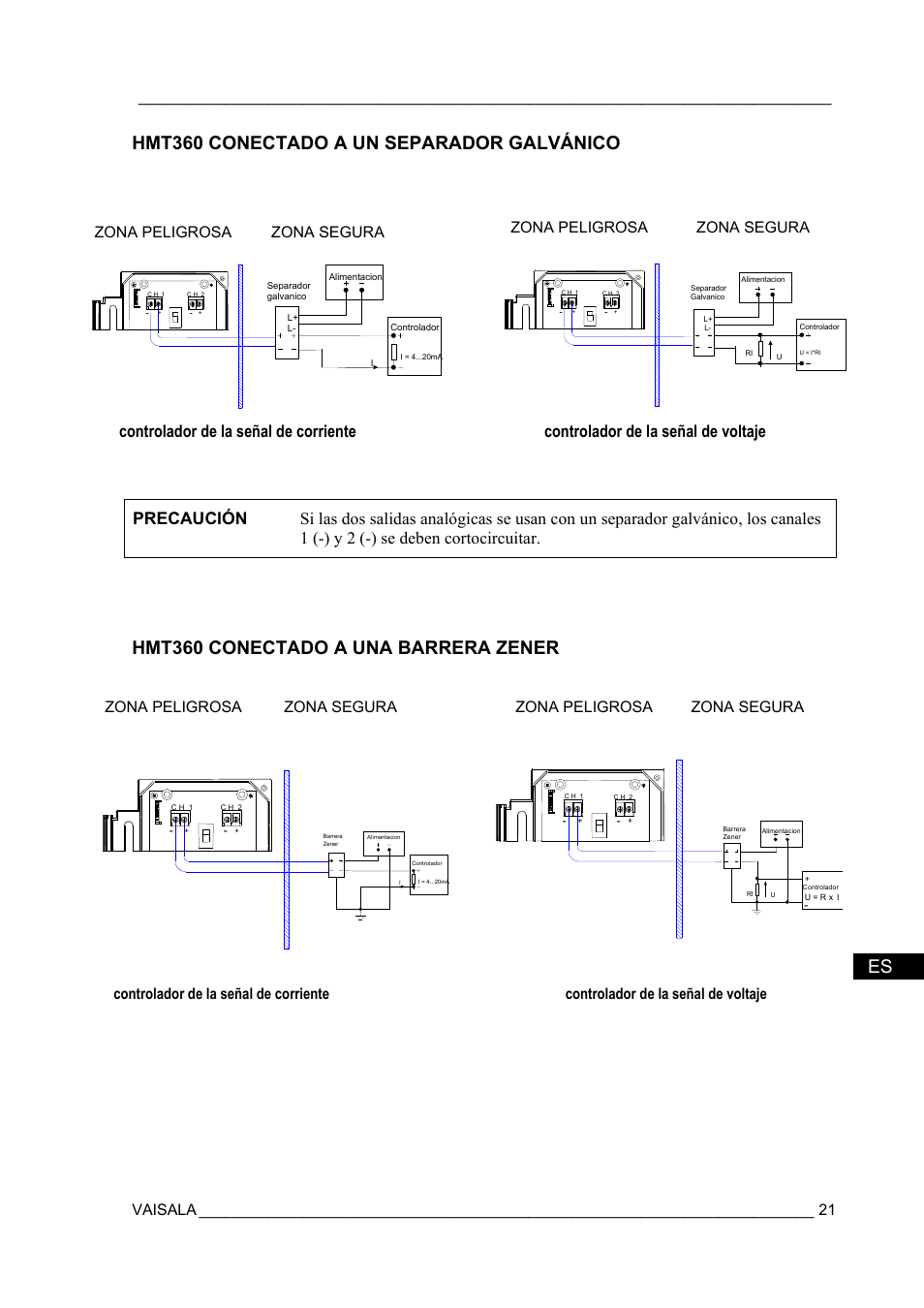 Hmt360 conectado a un separador galvánico, Hmt360 conectado a una barrera zener, Vaisala | Vaisala HMT360 User Manual | Page 23 / 63