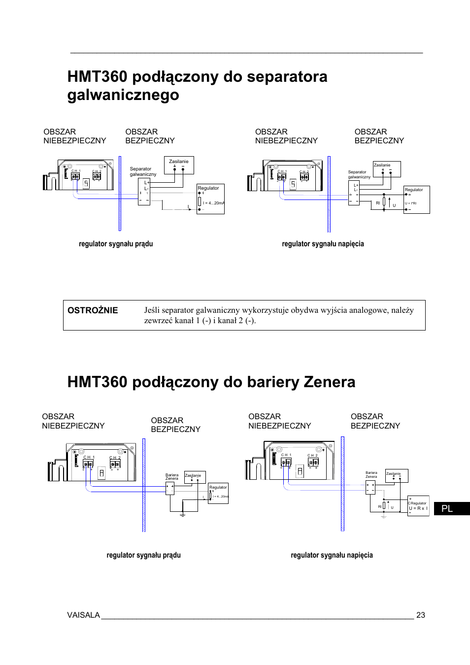 Hmt360 podłączony do separatora galwanicznego, Hmt360 podłączony do bariery zenera | Vaisala HMT360 User Manual | Page 25 / 63