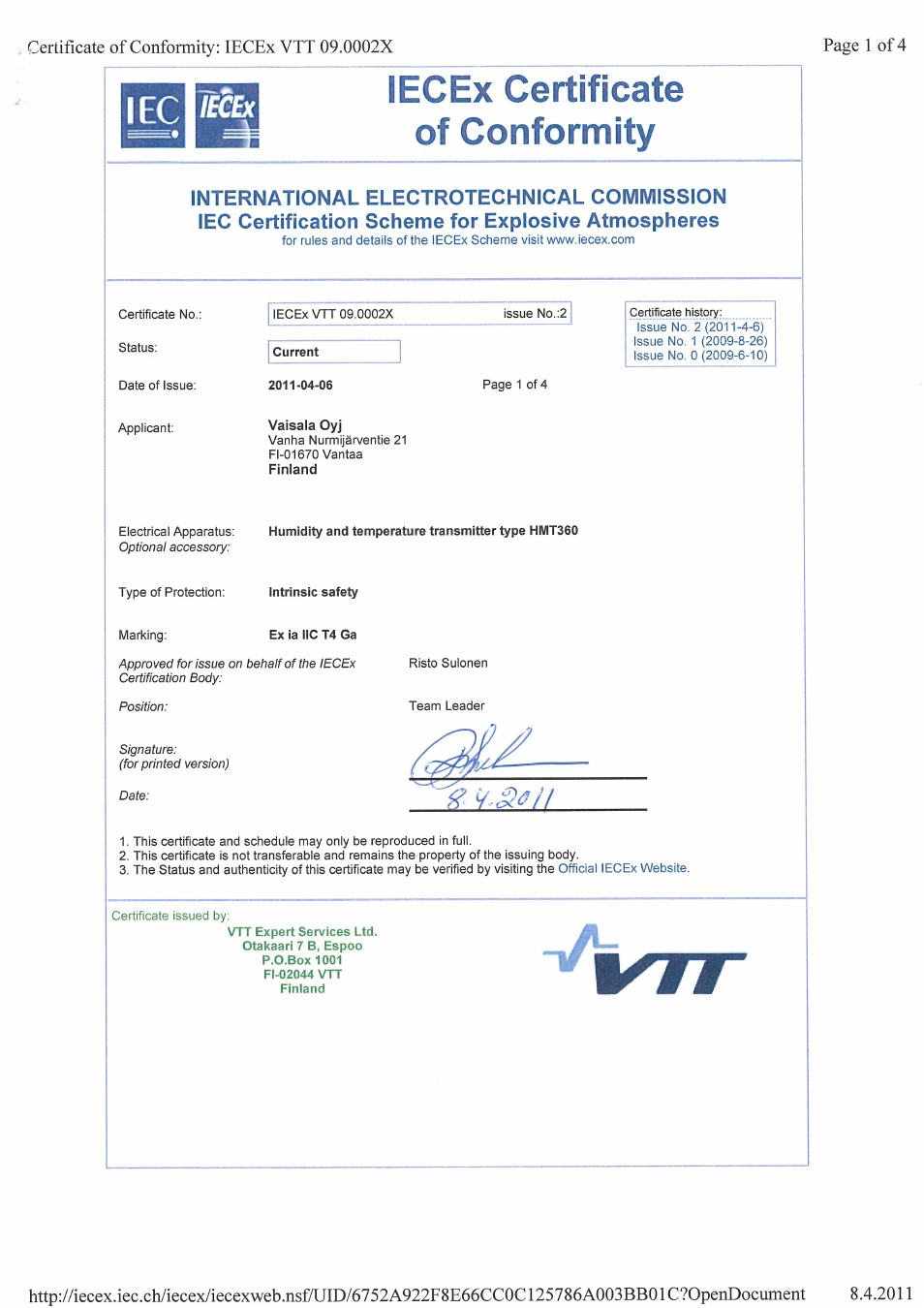 Vtt iecex certificates | Vaisala HMT360 User Manual | Page 38 / 63