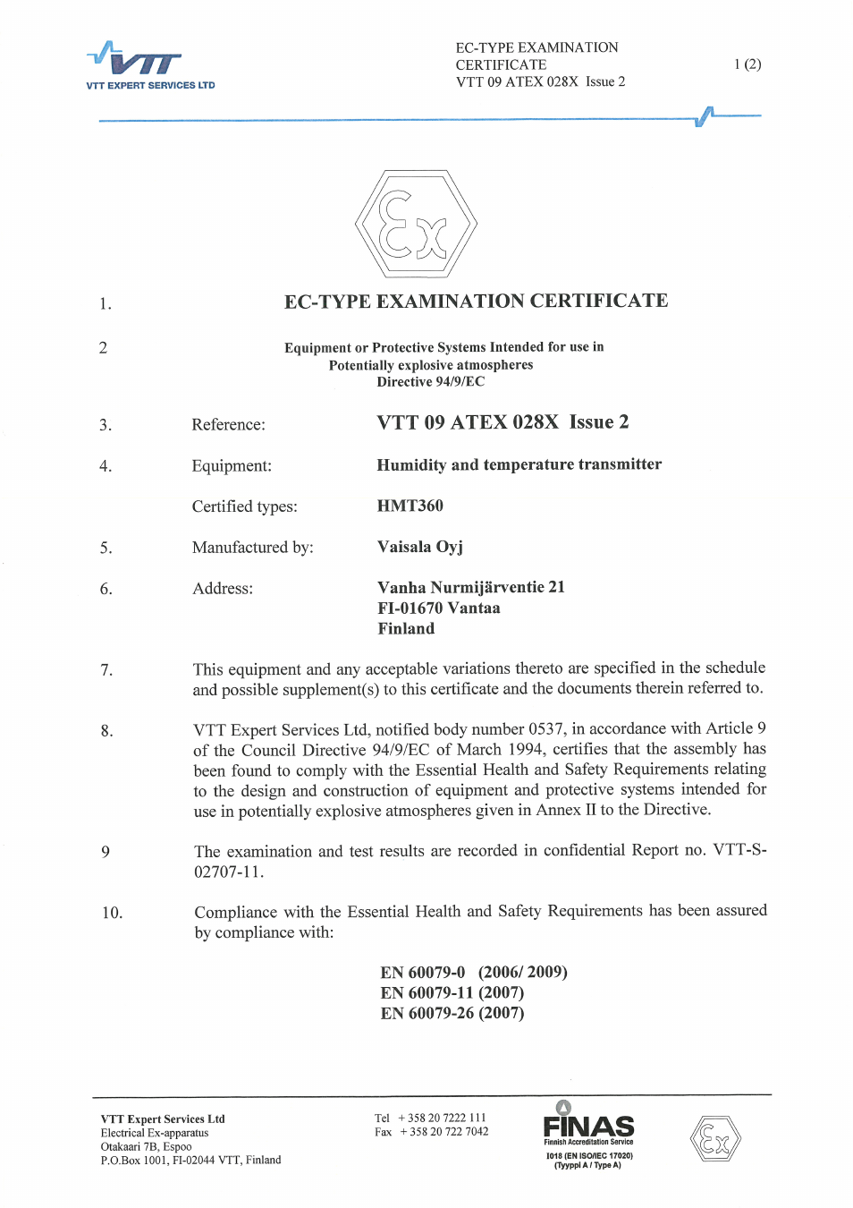 Vtt atex certificates | Vaisala HMT360 User Manual | Page 45 / 63